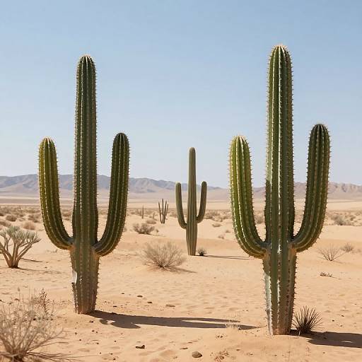 Photograph of a desert landscape featuring tall green saguaro cacti with spiny texture, under a clear blue sky, with sandy ground and