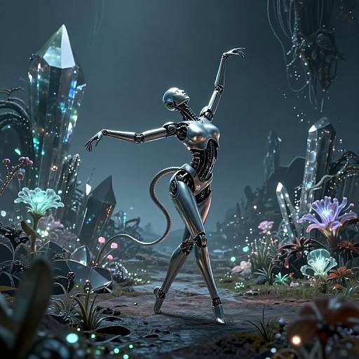 Digital art of a silver, humanoid robot dancer with a tail, posing elegantly in a glowing, futuristic, alien landscape filled with bioluminescent