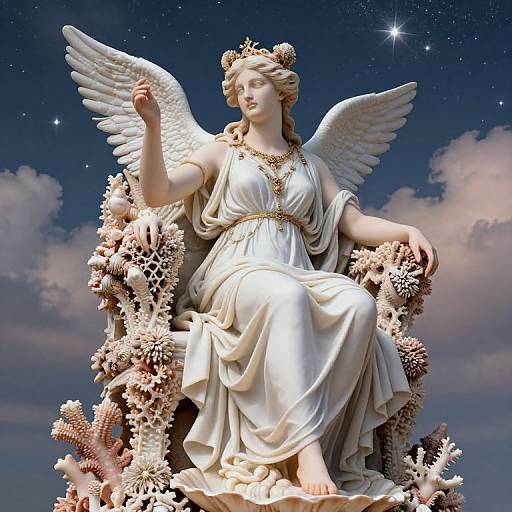 Photorealistic digital artwork of a white-winged, crowned angelic statue in flowing white drapery, seated on a coral-adorned throne
