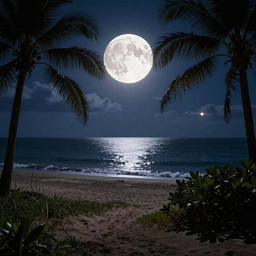 Full Moon Over Tropical Beach at Night