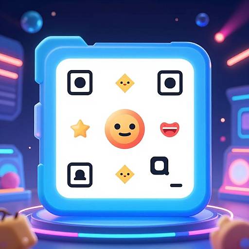 Digital CGI image of a glowing blue square display with emoji icons (smiling face, star, lips, and black squares) against a neon-lit