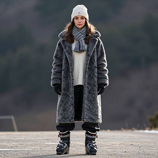 Photograph of a woman in a gray fur coat, white knit beanie, gray scarf, black gloves, white sweater, black pants, and black