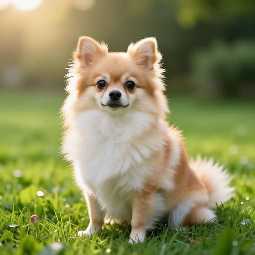 Photograph of a fluffy, tan and white Pomeranian dog sitting on vibrant green grass, with sunlight highlighting its fur and a blurred, sunny garden