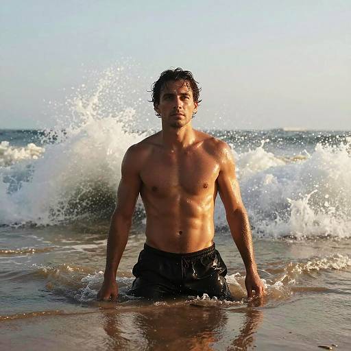 Photograph of a muscular, shirtless man with wet, dark hair standing in shallow ocean waves, wearing black swim trunks, with sunlight highlighting his