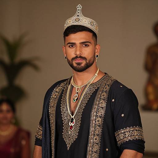 Photograph of a bearded man with dark skin, wearing an ornate silver crown, black embroidered kurta, and multiple gold necklaces, standing