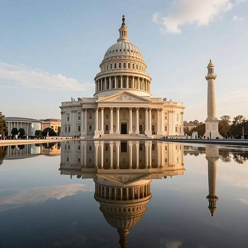 Photograph of the United States Capitol building with its dome and reflection in a calm pool, under a blue sky.
