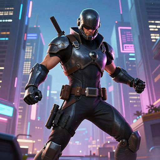 CGI image of a muscular, armored, black-clad male vigilante with a helmet, standing in a neon-lit, futuristic cityscape at