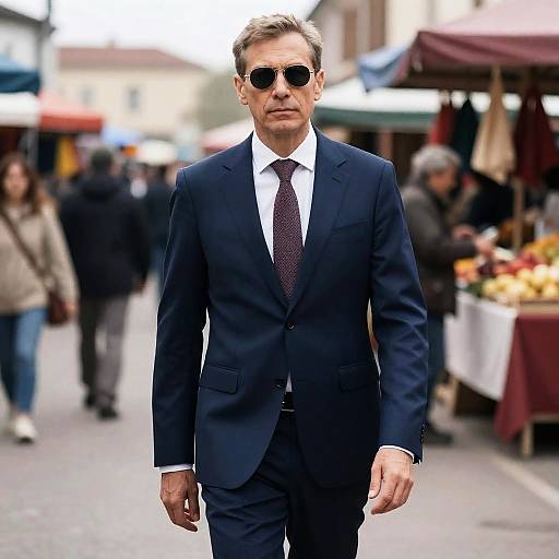 Photograph of a middle-aged man in a dark blue suit, white shirt, red tie, and black sunglasses, walking confidently on a busy outdoor market