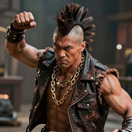 Photograph of a muscular, tan-skinned man with a mohawk, wearing a spiked leather vest, gold chain necklaces, and wristbands,