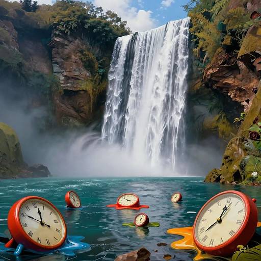 Photograph of a lush waterfall with cascading water, surrounded by greenery. Six oversized, red clocks with black hands float in the turquoise pool below