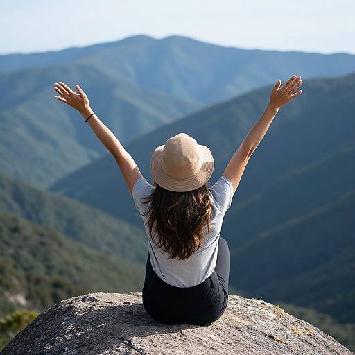 Woman in Top Hat Celebrates on Mountain