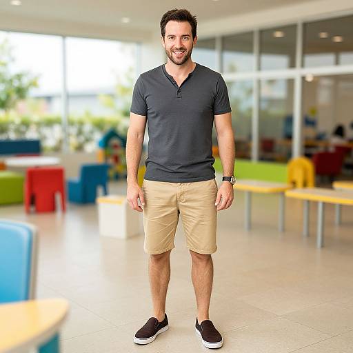 Photograph of a smiling, bearded man with short dark hair, wearing a black polo shirt, beige shorts, and black sneakers, standing in a