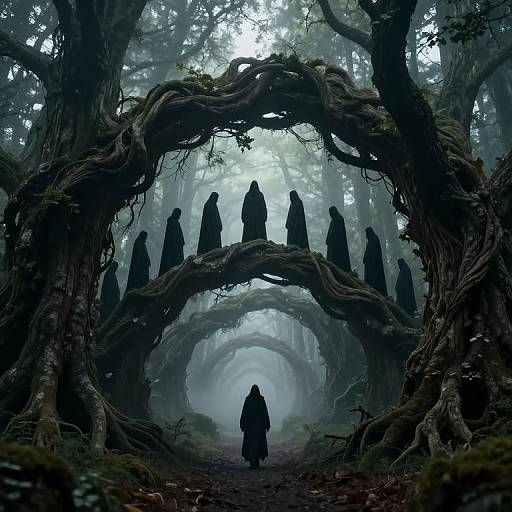 Digital artwork of a misty forest with a large, twisted tree archway. Silhouetted figures in dark robes stand on the arch, while
