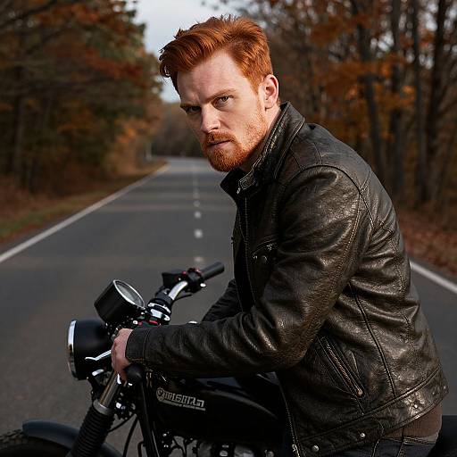 Photograph of a red-haired, bearded man in a black leather jacket riding a black motorcycle on a deserted autumn road.