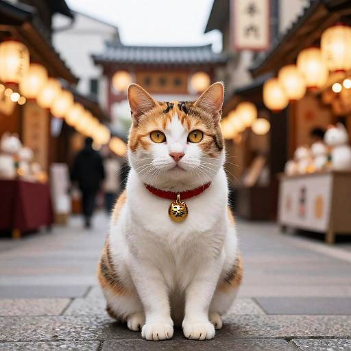 Calico Cat with Maneki-neko Bell on Lantern-Lit Festival Street