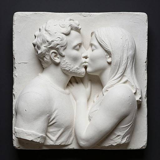 White, sculpted, 3D relief of a kissing couple with detailed facial features, short curly hair, and long straight hair, set against a