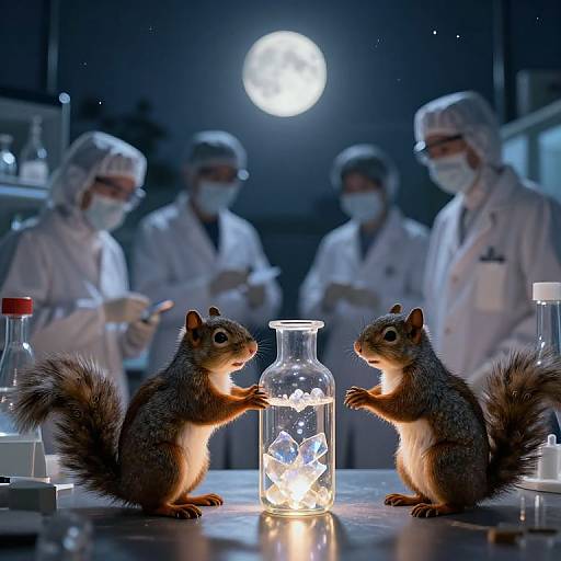 Photograph: Two lit-up squirrels stand on a laboratory table, illuminated by a glowing glass bottle, with three scientists in hazmat suits in the