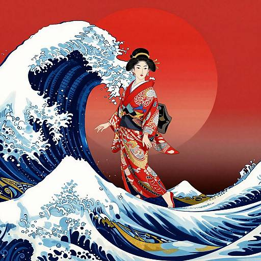 Elegant Woman on Towering Wave