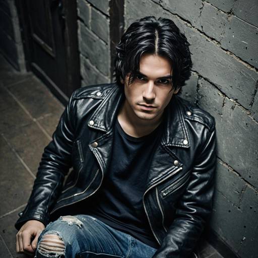 Young Man in Rugged Leather Jacket Sitting Against Wall