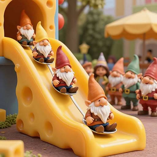 Photograph of whimsical, detailed gnome figurines sliding down a bright yellow, cheese-shaped slide in a colorful, playful outdoor setting.