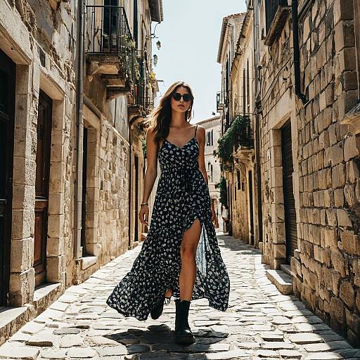 Woman in Floral Maxi Dress Walking on Cobblestone Street