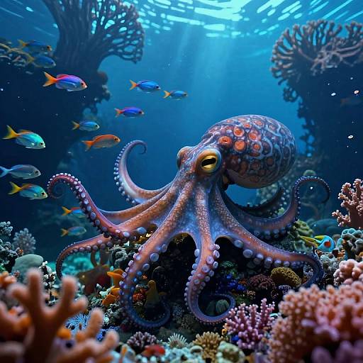 Photograph of a vibrant underwater scene with a large, patterned octopus among colorful coral reefs and swimming fish, illuminated by sunlight filtering through the water