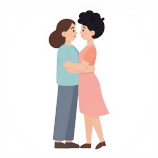 Digital illustration of two people, a woman in a pink dress and a man in a blue shirt and gray pants, standing close, facing each other,