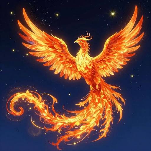 Digital art of a vibrant, fiery phoenix with outstretched wings and a flowing tail, glowing against a dark, starry night sky.