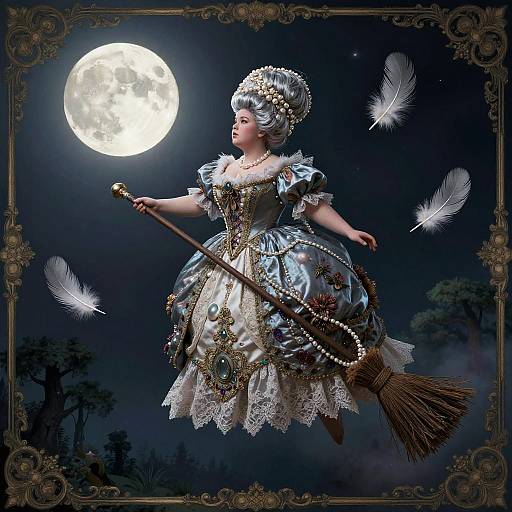 Gothic Fairytale Enchantress on Moonlit Broom
