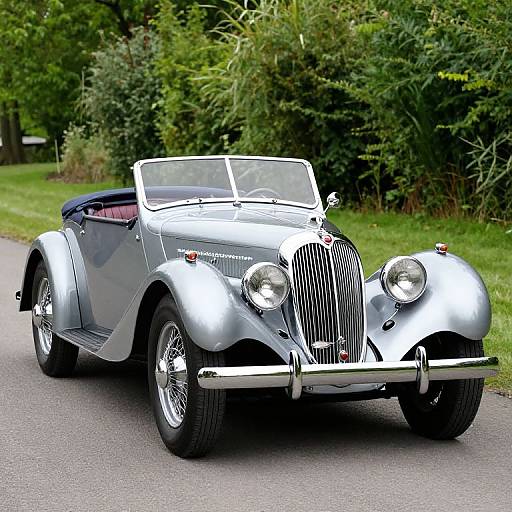 Photograph of a sleek, silver vintage convertible car with a chrome grille and round headlights, parked on a quiet, tree-lined road.