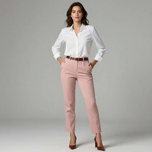 Photograph of a confident woman with dark wavy hair, wearing a white button-up shirt, pink high-waisted pants, brown belt, and