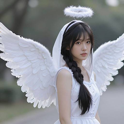 Photograph of an Asian young woman with long black hair in a braid, wearing a white angel dress and halo, with large white feathered wings