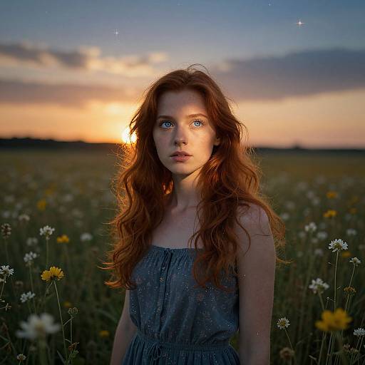 Photograph of a young woman with long red hair and blue eyes, wearing a sparkly blue dress, standing in a sunlit field of wildflowers