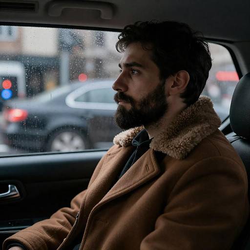 Bearded Man Gazing Through Rainy Window