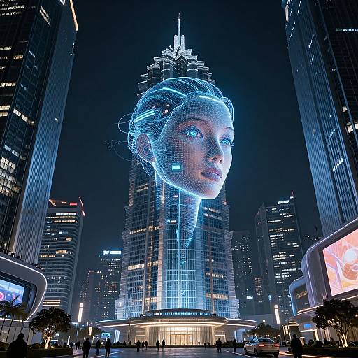 Digital CGI of a futuristic city at night featuring a glowing blue holographic woman's face on a towering skyscraper, surrounded by illuminated buildings and neon signs