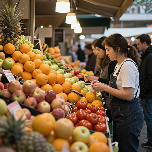 Photograph of a young woman with dark hair in a white shirt and black apron, standing at a vibrant outdoor market stall with colorful fruits, including