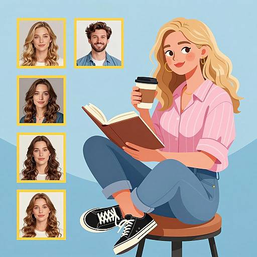 Young Woman Reading with Coffee and Friends Photos