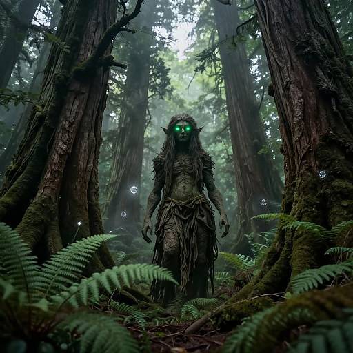 Digital art of a glowing green-eyed, dark, leafy forest creature with elf-like ears, standing amidst tall trees and ferns. Mysterious and