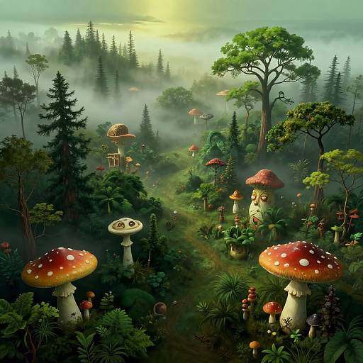 Digital fantasy landscape: lush green forest with towering mushrooms, red-spotted caps, misty hills, and sunlit treetops, creating a whims