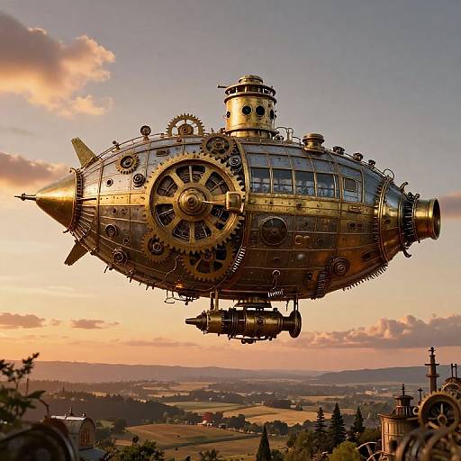 Steampunk Airship Over Sunset Landscapes