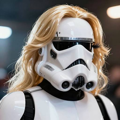 Photorealistic digital image of a blonde person with long hair wearing a white Stormtrooper helmet and black visor, against a blurred dark background.