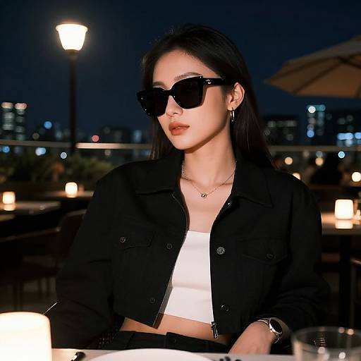 Photograph of an Asian woman with long black hair, wearing black sunglasses, a black jacket over a white crop top, sitting at a nighttime outdoor café
