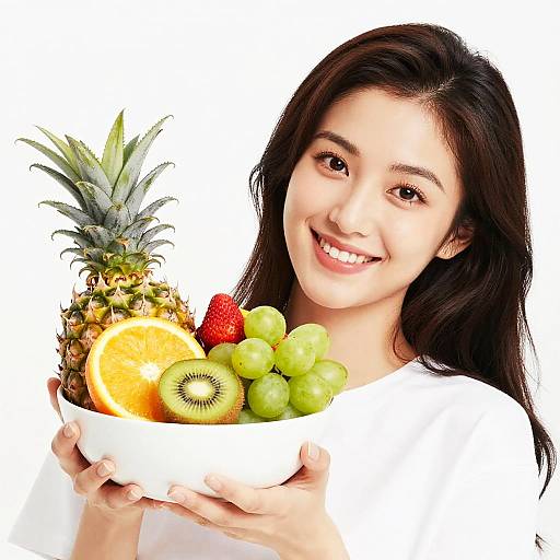 Photograph of smiling Asian woman with long dark hair, holding white bowl with pineapple, orange slice, green grapes, kiwi slice, and strawberry.