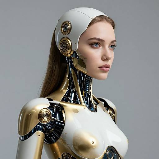 CGI image of a female humanoid robot with white and gold metallic body, blue eyes, and brown hair, set against a gray background.