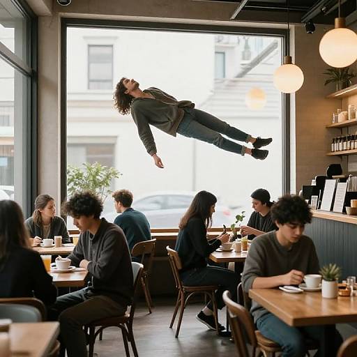 Photograph of a modern café with a woman mid-air, jumping above seated customers, wearing a grey jacket and blue jeans, under warm hanging lights,