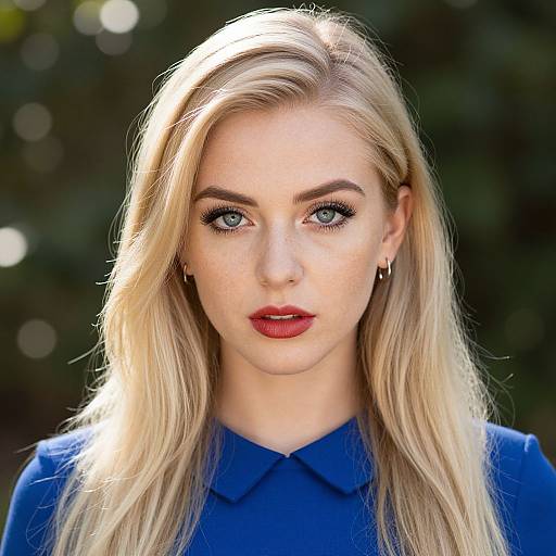 Photograph of a blonde woman with blue eyes, red lipstick, and blue collared shirt, standing outdoors with sunlight illuminating her face.