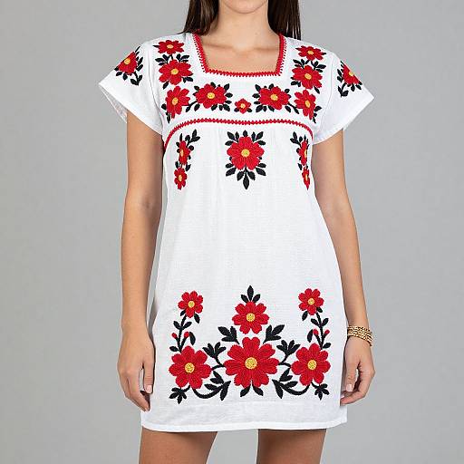 Photograph of a woman wearing a white dress with red and black floral embroidery, short sleeves, red trim, and a gold bracelet.