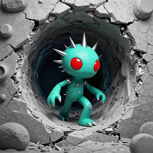 CGI image of a turquoise, spiky, red-eyed creature emerging from a cracked, circular hole in a gray, rocky wall.