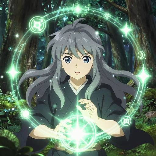 Anime-style digital drawing of a wide-eyed, long-haired, gray-haired girl in a black kimono, glowing green magical circle in a dark forest.