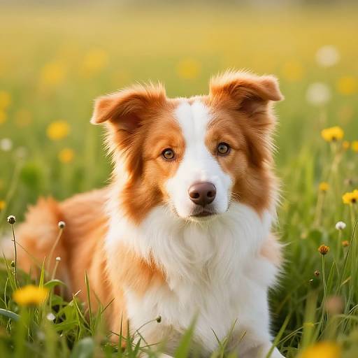 Photograph of a fluffy, brown and white Border Collie standing in a sunlit, yellow-daisy-filled grassy field, with a gentle,